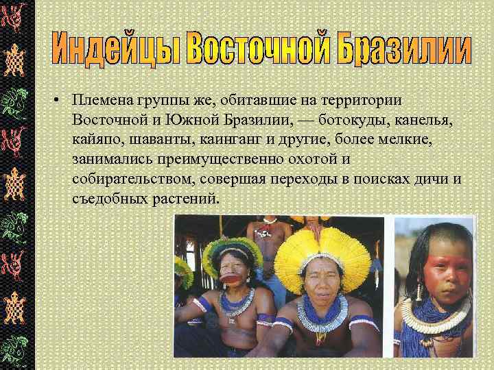  • Племена группы же, обитавшие на территории Восточной и Южной Бразилии, — ботокуды,