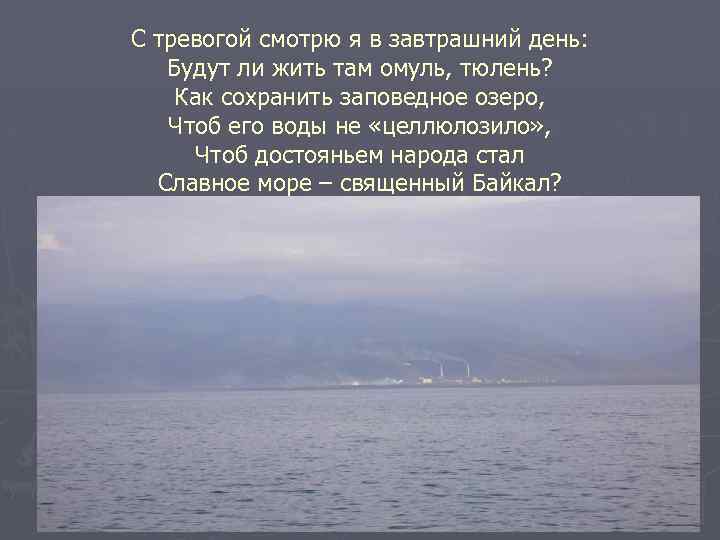 С тревогой смотрю я в завтрашний день: Будут ли жить там омуль, тюлень? Как