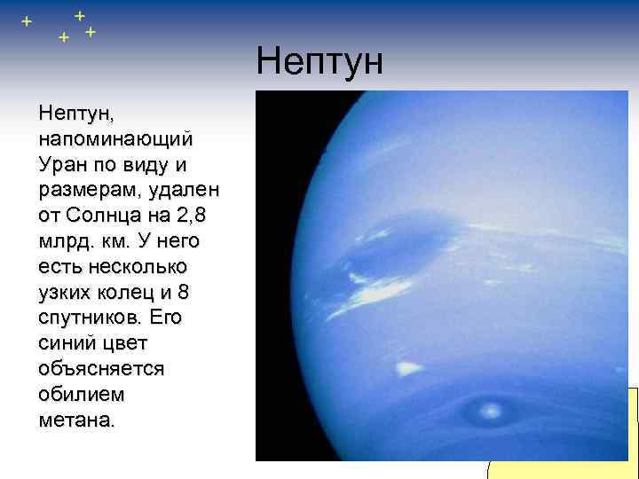 Нептун, напоминающий Уран по виду и размерам, удален от Солнца на 2, 8 млрд.