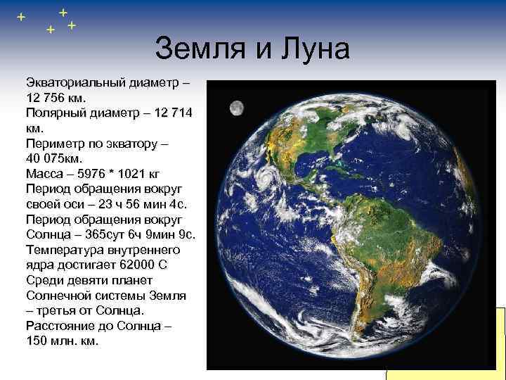 Земля и Луна Экваториальный диаметр – 12 756 км. Полярный диаметр – 12 714