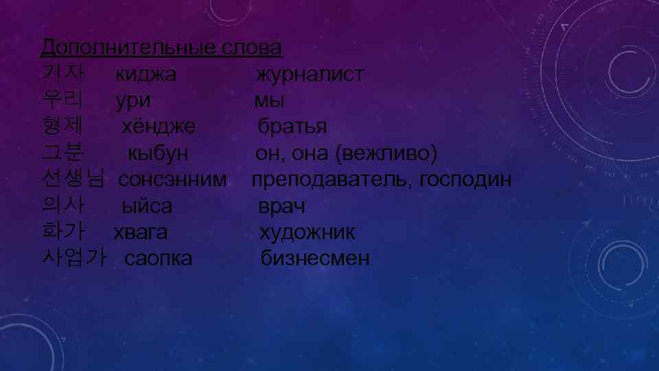 Дополнительные слова 기자 киджа журналист 우리 ури мы 형제 хёндже братья 그분 кыбун он,