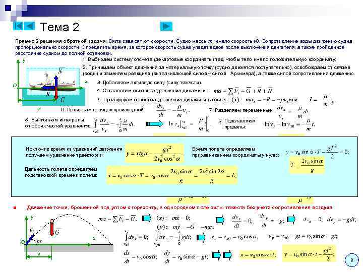 Тема 2 Пример 2 решения обратной задачи: Сила зависит от скорости. Судно массы m