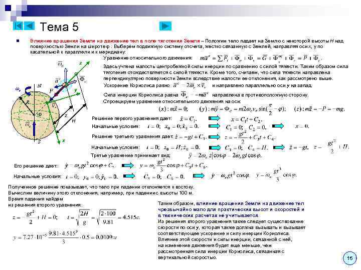 Тема 5 n ωe Влияние вращения Земли на движение тел в поле тяготения Земли
