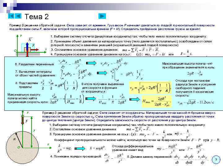 Тема 2 Пример 2 решения обратной задачи: Сила зависит от времени. Груз весом P