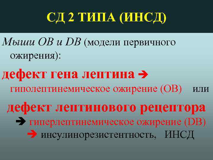 СД 2 ТИПА (ИНСД) Мыши ОВ и DB (модели первичного ожирения): дефект гена лептина