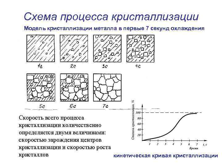 Схема процесса кристаллизации Модель кристаллизации металла в первые 7 секунд охлаждения Скорость всего процесса