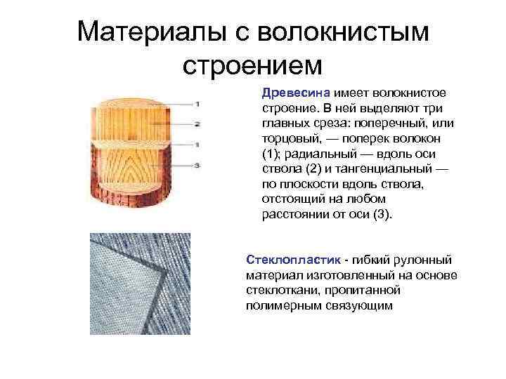 Материалы с волокнистым строением Древесина имеет волокнистое строение. В ней выделяют три главных среза: