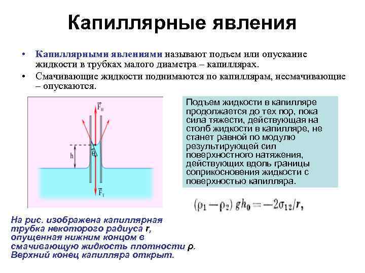 Капиллярные явления • Капиллярными явлениями называют подъем или опускание жидкости в трубках малого диаметра