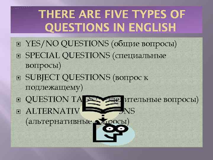 THERE ARE FIVE TYPES OF QUESTIONS IN ENGLISH YES/NO QUESTIONS (общие вопросы) SPECIAL QUESTIONS