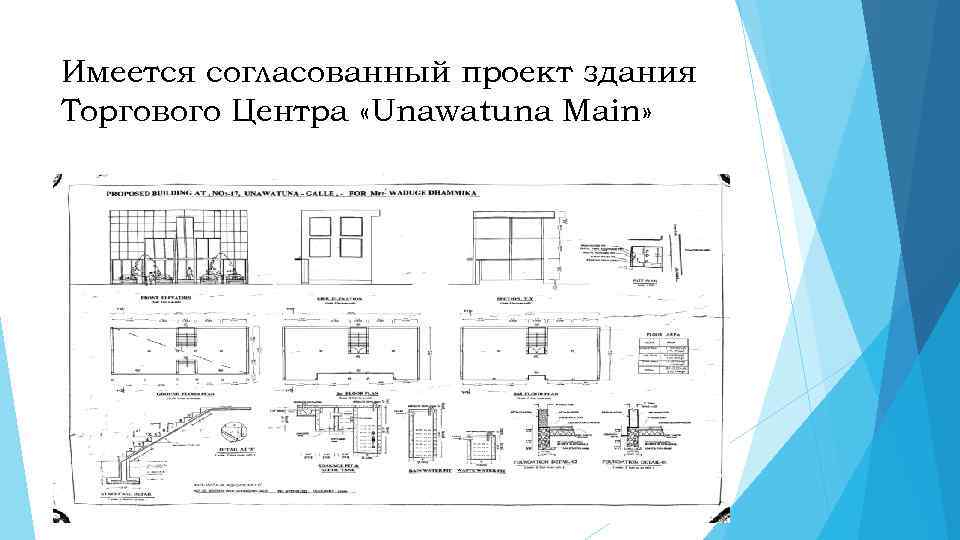 Имеется согласованный проект здания Торгового Центра «Unawatuna Main» 