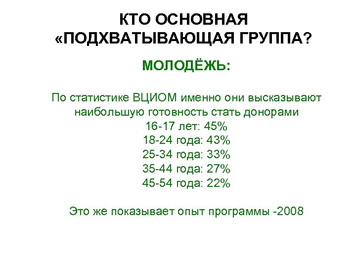 КТО ОСНОВНАЯ «ПОДХВАТЫВАЮЩАЯ ГРУППА? МОЛОДЁЖЬ: По статистике ВЦИОМ именно они высказывают наибольшую готовность стать