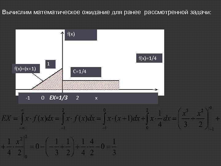 Вычислим математическое ожидание для ранее рассмотренной задачи: f(x)=(x+1) -1 f(x)=1/4 1 C=1/4 0 ЕХ=1/3