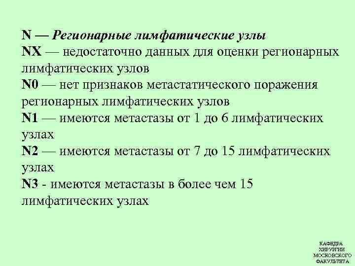 N — Регионарные лимфатические узлы NX — недостаточно данных для оценки регионарных лимфатических узлов