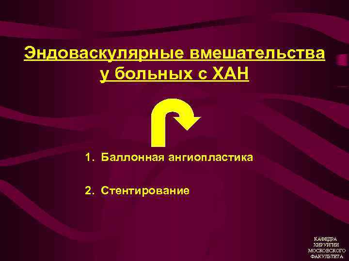 Эндоваскулярные вмешательства у больных с ХАН 1. Баллонная ангиопластика 2. Стентирование КАФЕДРА ХИРУРГИИ МОСКОВСКОГО