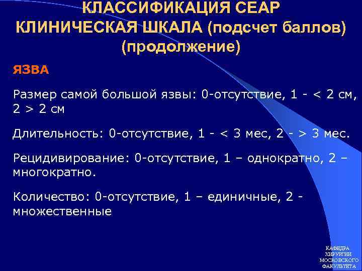 КЛАССИФИКАЦИЯ CEAP КЛИНИЧЕСКАЯ ШКАЛА (подсчет баллов) (продолжение) ЯЗВА Размер самой большой язвы: 0 -отсутствие,