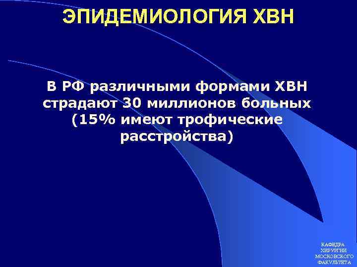 ЭПИДЕМИОЛОГИЯ ХВН В РФ различными формами ХВН страдают 30 миллионов больных (15% имеют трофические