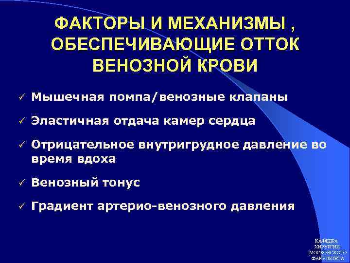 ФАКТОРЫ И МЕХАНИЗМЫ , ОБЕСПЕЧИВАЮЩИЕ ОТТОК ВЕНОЗНОЙ КРОВИ ü Мышечная помпа/венозные клапаны ü Эластичная