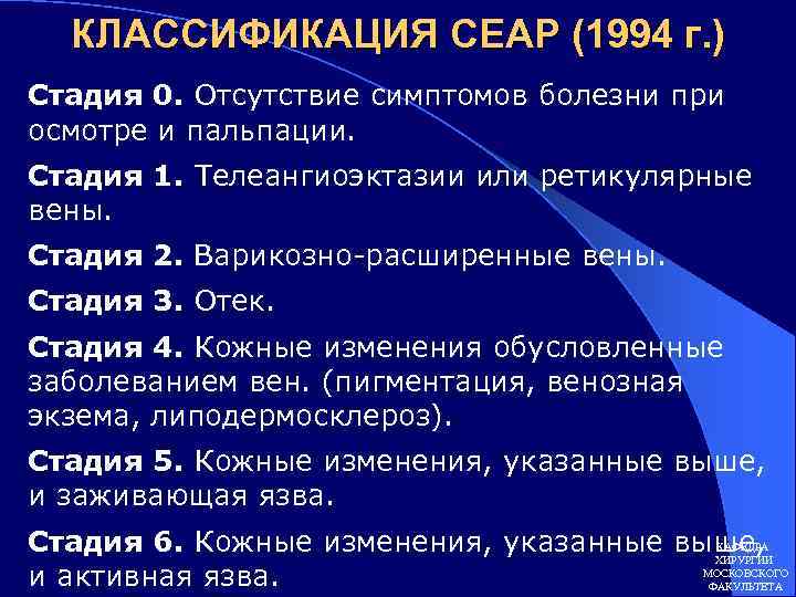 КЛАССИФИКАЦИЯ CEAP (1994 г. ) Стадия 0. Отсутствие симптомов болезни при осмотре и пальпации.