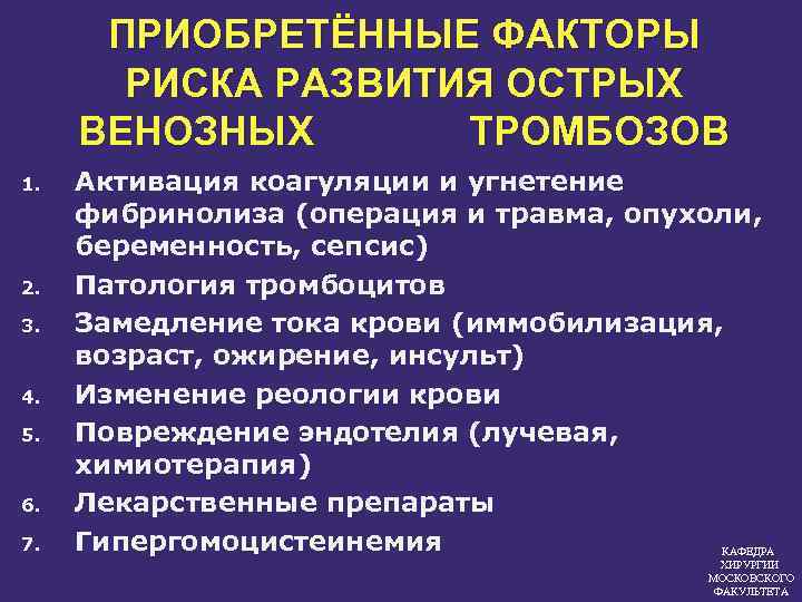 ПРИОБРЕТЁННЫЕ ФАКТОРЫ РИСКА РАЗВИТИЯ ОСТРЫХ ВЕНОЗНЫХ ТРОМБОЗОВ 1. 2. 3. 4. 5. 6. 7.