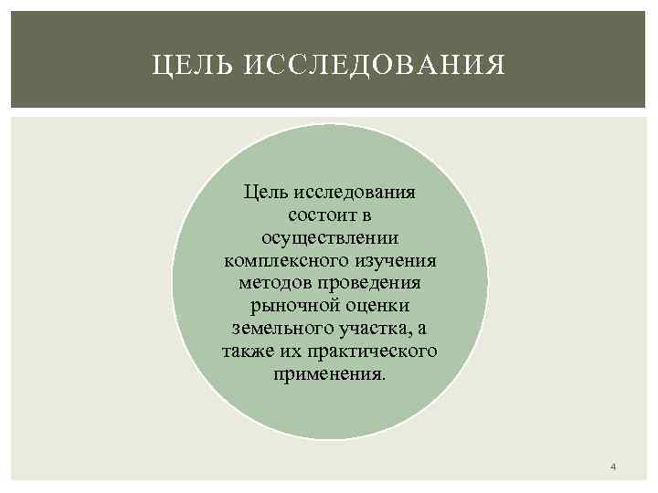 ЦЕЛЬ ИССЛЕДОВАНИЯ Цель исследования состоит в осуществлении комплексного изучения методов проведения рыночной оценки земельного