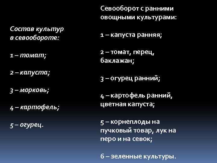 Севооборот с ранними овощными культурами: Состав культур в севообороте: 1 – капуста ранняя; 1