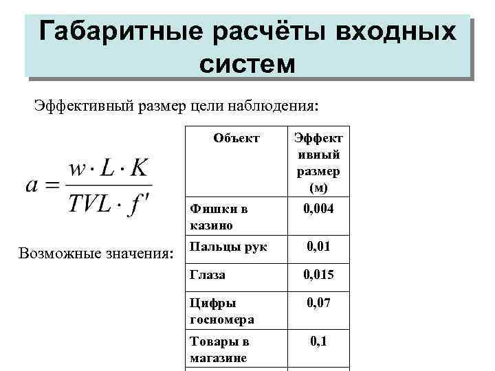 Габаритные расчёты входных систем Эффективный размер цели наблюдения: Объект Фишки в казино Возможные значения: