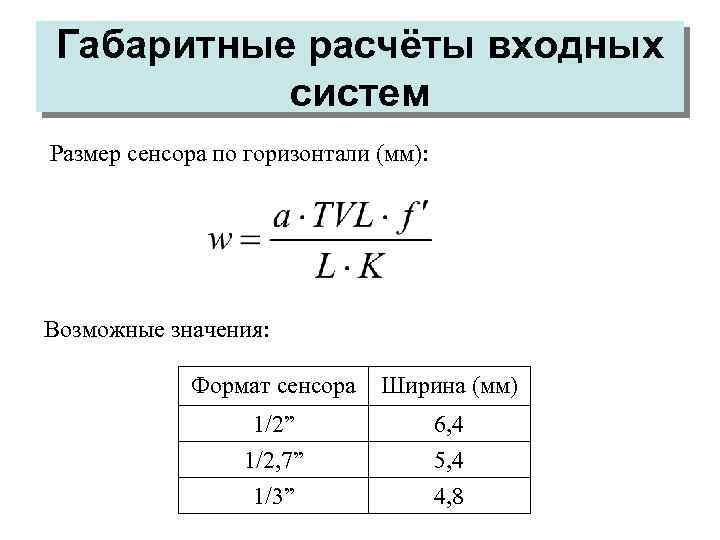 Габаритные расчёты входных систем Размер сенсора по горизонтали (мм): Возможные значения: Формат сенсора Ширина