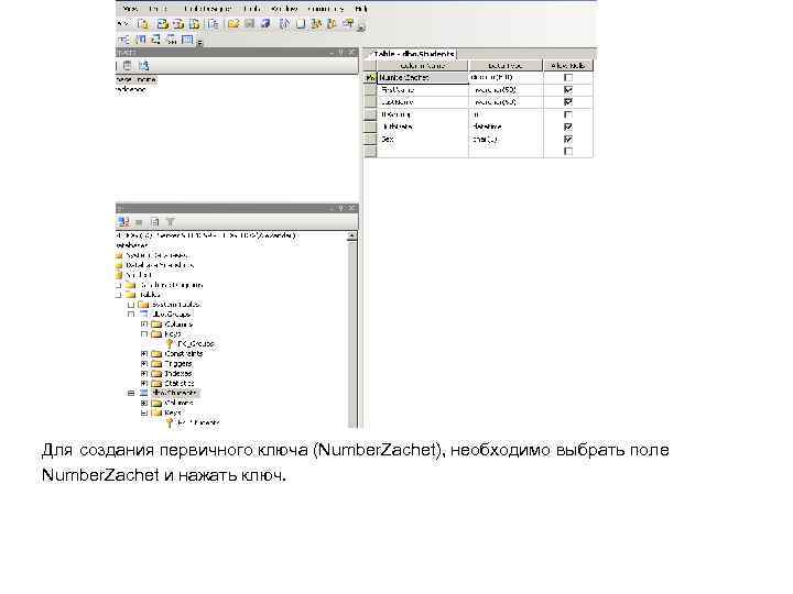 Для создания первичного ключа (Number. Zachet), необходимо выбрать поле Number. Zachet и нажать ключ.
