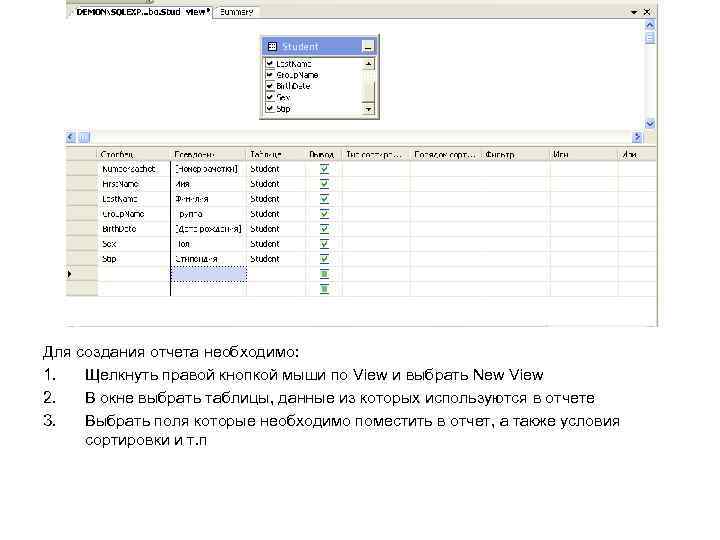 Для создания отчета необходимо: 1. Щелкнуть правой кнопкой мыши по View и выбрать New