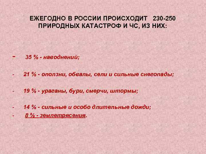 ЕЖЕГОДНО В РОССИИ ПРОИСХОДИТ 230 -250 ПРИРОДНЫХ КАТАСТРОФ И ЧС, ИЗ НИХ: - 35