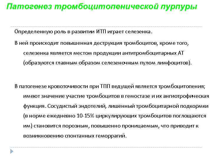 Патогенез тромбоцитопенической пурпуры Определенную роль в развитии ИТП играет селезенка. В ней происходит повышенная