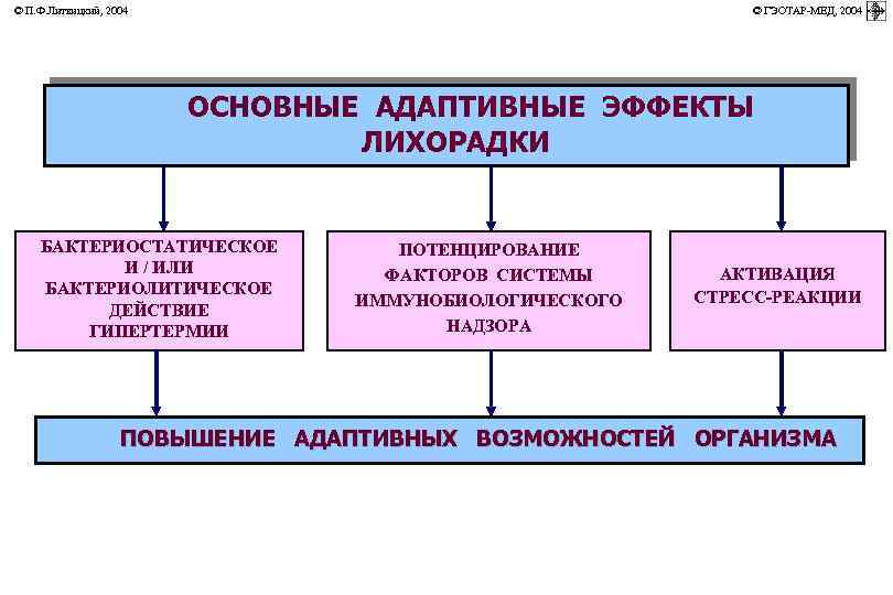 © П. Ф. Литвицкий, 2004 © ГЭОТАР-МЕД, 2004 ОСНОВНЫЕ АДАПТИВНЫЕ ЭФФЕКТЫ ЛИХОРАДКИ БАКТЕРИОСТАТИЧЕСКОЕ И