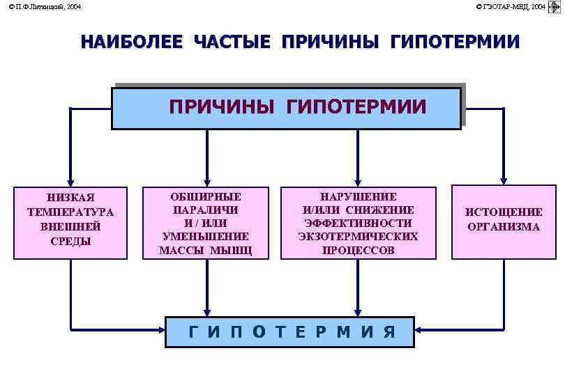 © П. Ф. Литвицкий, 2004 © ГЭОТАР-МЕД, 2004 НАИБОЛЕЕ ЧАСТЫЕ ПРИЧИНЫ ГИПОТЕРМИИ НИЗКАЯ ТЕМПЕРАТУРА