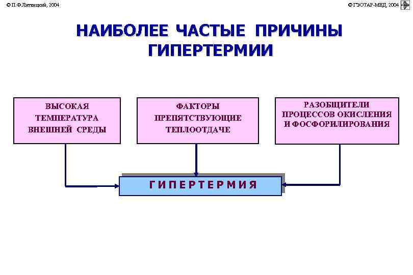 © П. Ф. Литвицкий, 2004 © ГЭОТАР-МЕД, 2004 НАИБОЛЕЕ ЧАСТЫЕ ПРИЧИНЫ ГИПЕРТЕРМИИ ВЫСОКАЯ ТЕМПЕРАТУРА