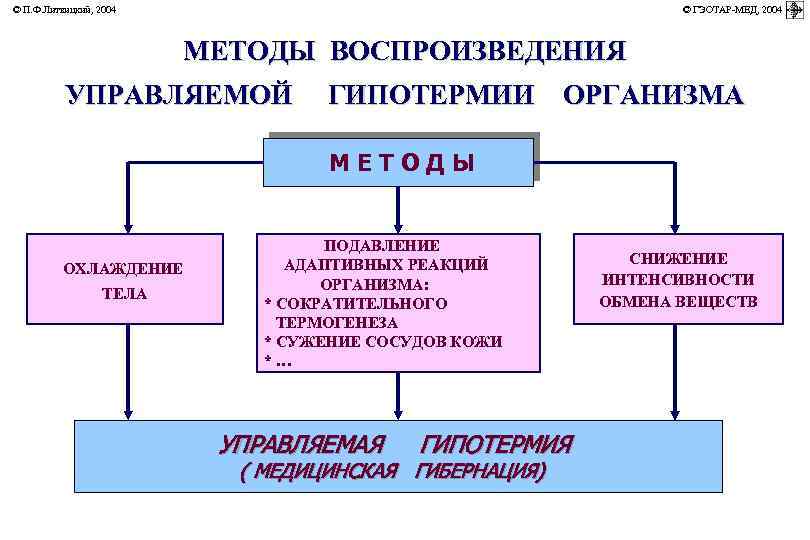 © П. Ф. Литвицкий, 2004 © ГЭОТАР-МЕД, 2004 МЕТОДЫ ВОСПРОИЗВЕДЕНИЯ УПРАВЛЯЕМОЙ ГИПОТЕРМИИ ОРГАНИЗМА МЕТОДЫ