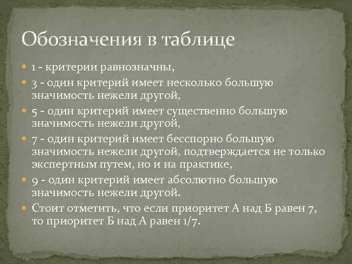 Обозначения в таблице 1 - критерии равнозначны, 3 - один критерий имеет несколько большую