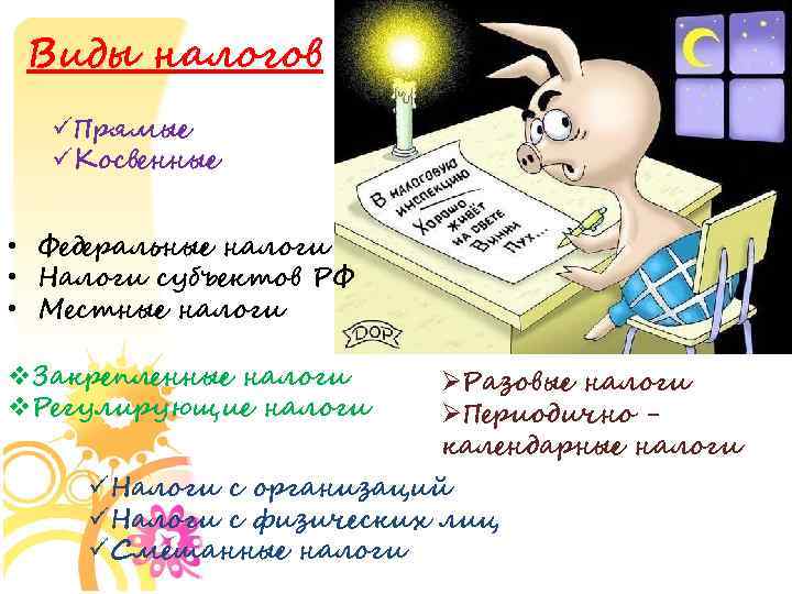 Виды налогов üПрямые üКосвенные • Федеральные налоги • Налоги субъектов РФ • Местные налоги
