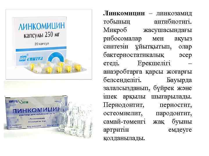 Линкомицин – линкозамид тобының антибиотигі. Микроб жасушасындағы рибосомалар мен ақуыз синтезін ұйытқытып, олар бактериостатикалық