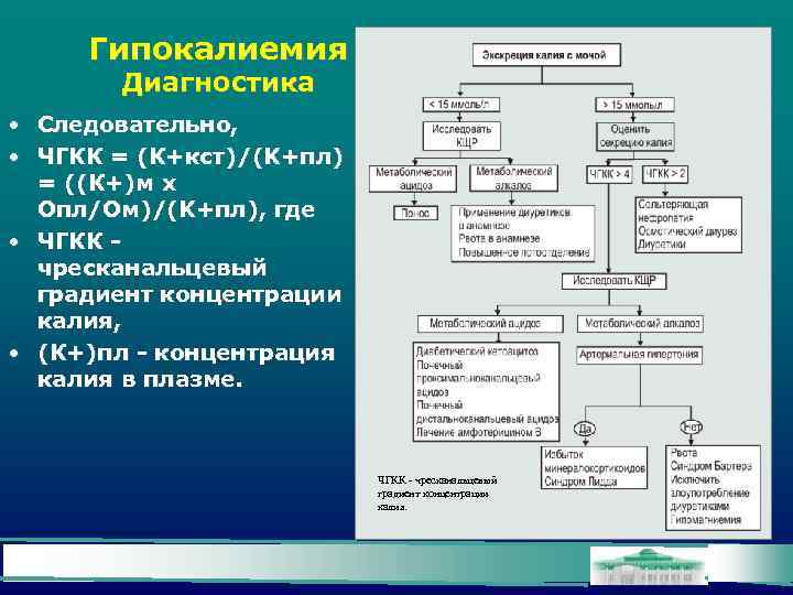 Гипокалиемия Диагностика • Следовательно, • ЧГКК = (К+кст)/(K+пл) = ((К+)м х Опл/Ом)/(K+пл), где •