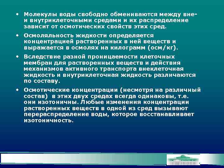  • Молекулы воды свободно обмениваются между вне- и внутриклеточными средами и их распределение