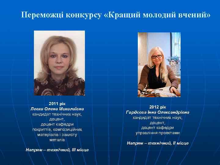 Переможці конкурсу «Кращий молодий вчений» 2011 рік Левко Олена Миколаївна кандидат технічних наук, доцент