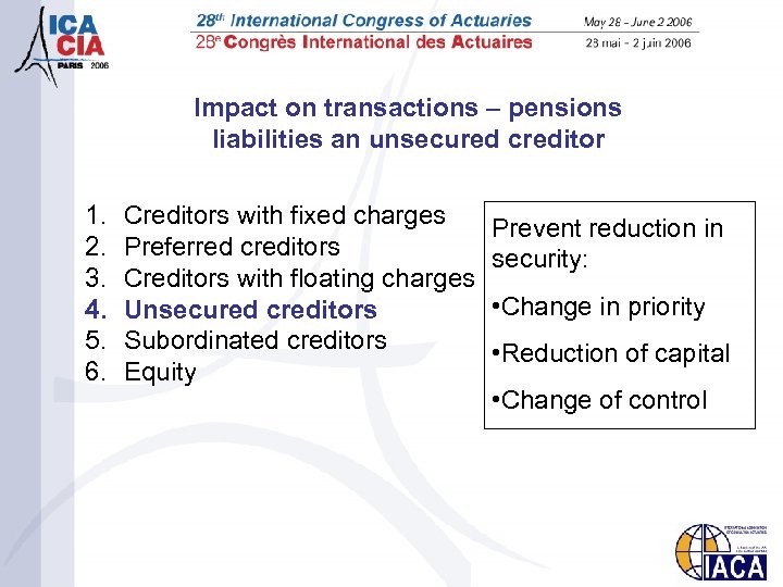 Impact on transactions – pensions liabilities an unsecured creditor 1. 2. 3. 4. 5.