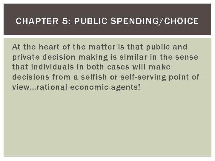 CHAPTER 5: PUBLIC SPENDING/CHOICE At the heart of the matter is that public and