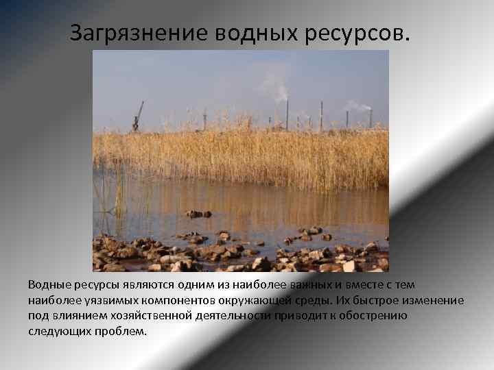 Загрязнение водных ресурсов. Водные ресурсы являются одним из наиболее важных и вместе с тем
