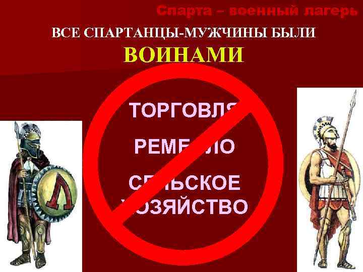 Спарта – военный лагерь ВСЕ СПАРТАНЦЫ-МУЖЧИНЫ БЫЛИ ВОИНАМИ ТОРГОВЛЯ РЕМЕСЛО СЕЛЬСКОЕ ХОЗЯЙСТВО 