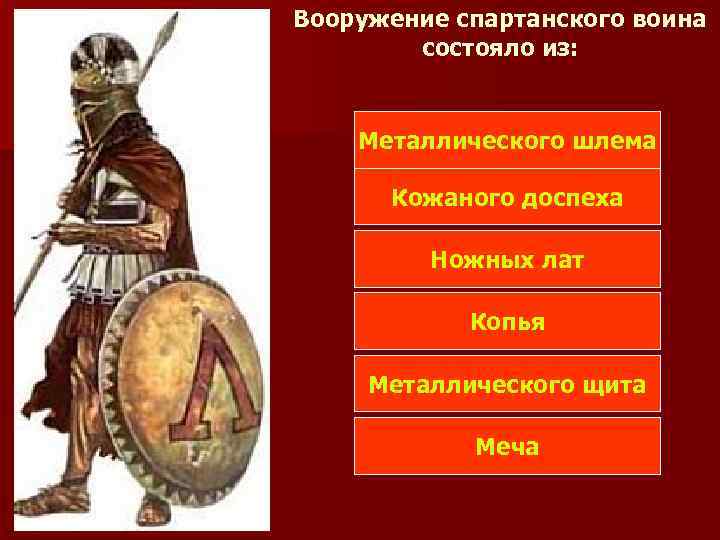 Вооружение спартанского воина состояло из: Металлического шлема Кожаного доспеха Ножных лат Копья Металлического щита