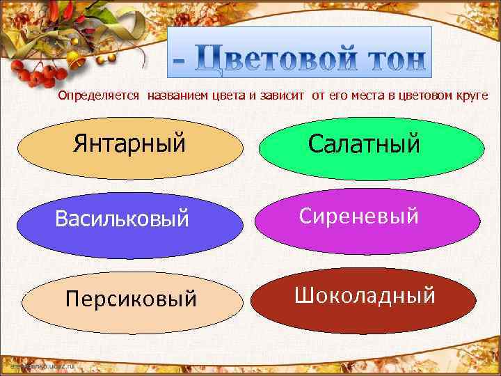 Определяется названием цвета и зависит от его места в цветовом круге Янтарный Салатный Васильковый