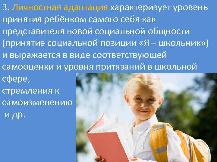 3. Личностная адаптация характеризует уровень принятия ребёнком самого себя как представителя новой социальной общности