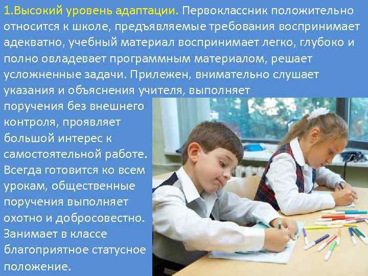 1. Высокий уровень адаптации. Первоклассник положительно относится к школе, предъявляемые требования воспринимает адекватно, учебный