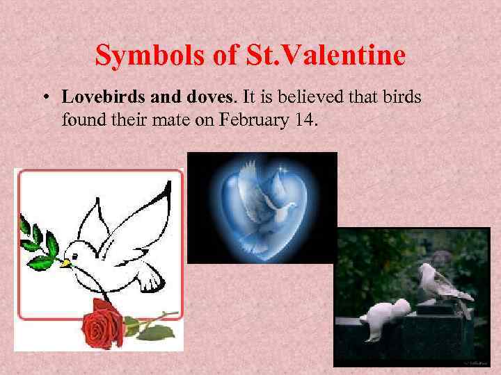 Symbols of St. Valentine • Lovebirds and doves. It is believed that birds found